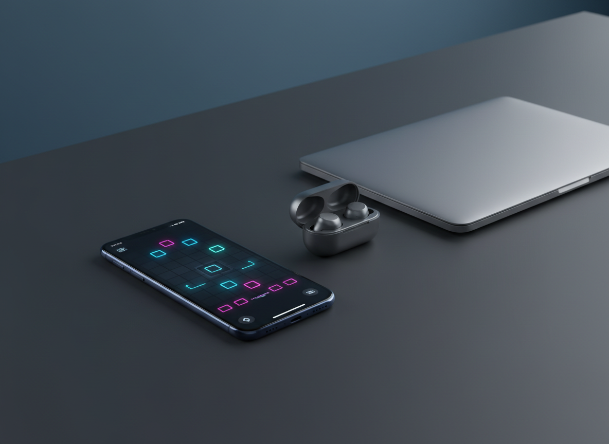 A sleek midnight-blue smartphone lies on a matte charcoal desk, its ultra-thin glass screen glowing with a minimalist game interface featuring clean geometric shapes and subtle neon accents. Around it, a pair of brushed aluminum wireless earbuds rest in an open charging case, next to a slim, closed laptop with a soft metallic finish. Gentle, cool-toned studio lighting from the upper left creates refined reflections along the edges of each device and casts soft, elongated shadows. The background fades into a slightly blurred gradient wall in deep greys and blues. Shot from a slightly elevated three-quarter angle with shallow depth of field, the composition feels sophisticated, modern, and photographic, embodying the quiet intensity and love of digital play without any visible human presence.