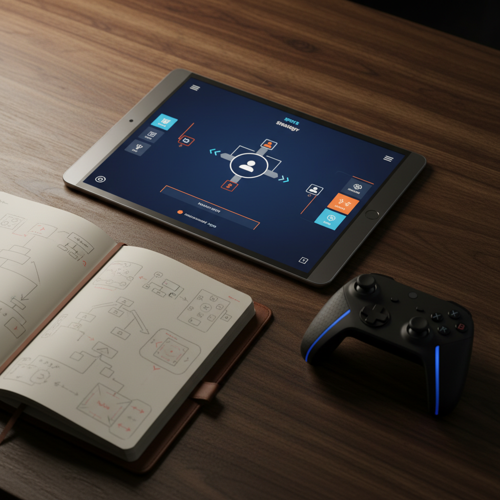 A refined gaming setup on a dark walnut tabletop features a high-end, graphite-gray tablet with a vivid, minimalist sports strategy app displayed, all sharp lines and elegant typography. Beside it rests a compact, textured black wireless controller with subtle LED accents. A premium leather notebook in rich espresso brown lies partially open, revealing neatly sketched game mechanics diagrams. Soft, indirect warm light from an unseen desk lamp creates a gentle pool of illumination, highlighting the tablet screen and controller while the edges of the scene fall into tasteful shadow. The photograph is composed at eye level with a slight diagonal orientation across the frame, creating dynamic tension yet maintaining a polished, restrained atmosphere that reflects sophisticated passion for consumer gaming apps.